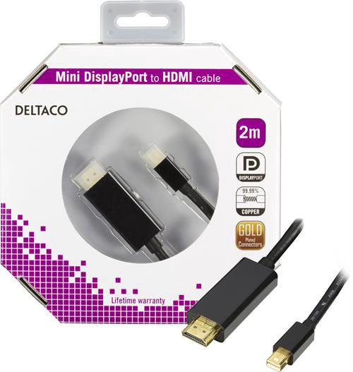 Kabelis DELTACO mini DP-HDMI, Full HD i 60Hz, 2.0m, juodas / DP-HDMI204-K