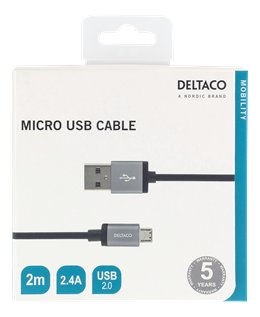 USB sinchronizavimo / įkrovimo kabelis, pintas, USB-A ma - USB Micro B ma, 2m, 2.4A, USB 2.0 DELTACO