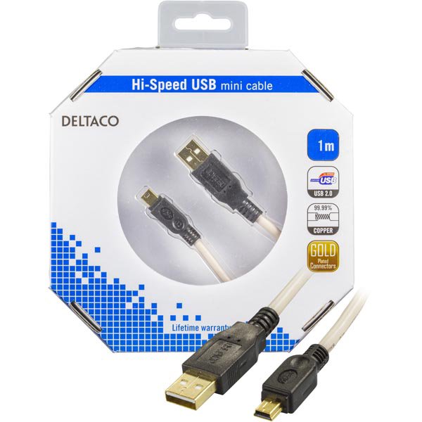 Kabelis DELTACO USB 2.0 "A-mini B", 1.0m, baltas-juodas / USB-24-K