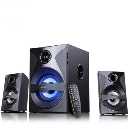 F&D F380X 2.1 Multimedia Speakers, 54W RMS (13Wx2+28W), 2x3'' Satellites + 5.25'' Subwoofer, BT 5.0/NFC/AUX/USB/FM/SD card reader/Multi-color LED/LED Display/Remote Control/Wooden/Black|F380X