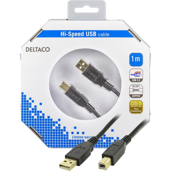 Kabelis DELTACO USB 2.0 "A-B", 1.0m, juodas / USB-210S-K