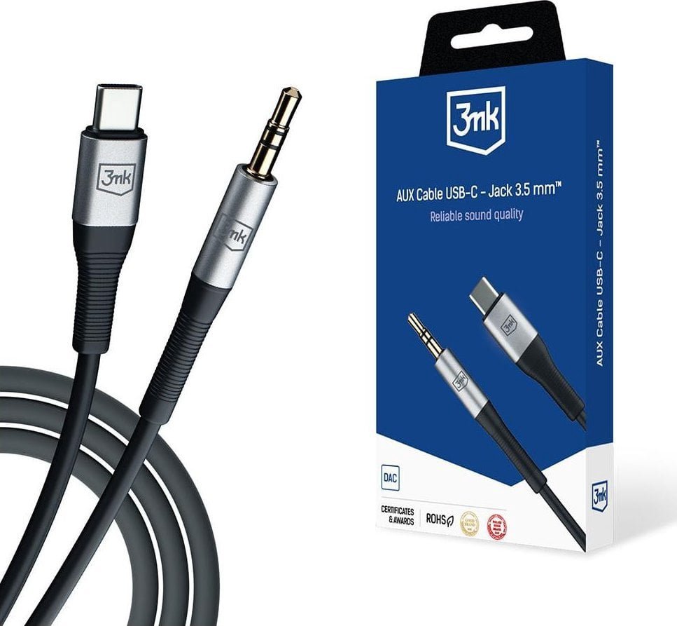 USB cable 3MK USB-C - mini Jack 3.5 mm Black and silver (AUX USB-C - Jack 3.5 mm)