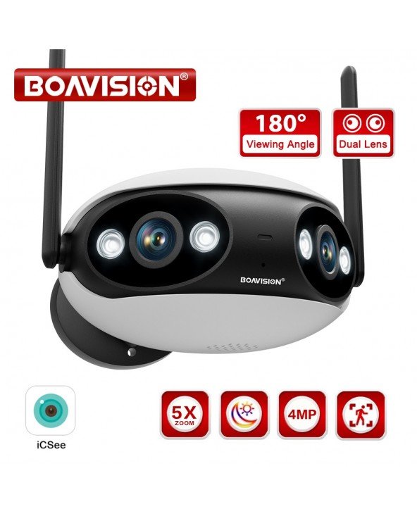 "Wifi" lauko apsaugos kamera HD 4MP 180° itin plataus matymo kampo Dvipusio garso POE Onvif stebėjimo kamera