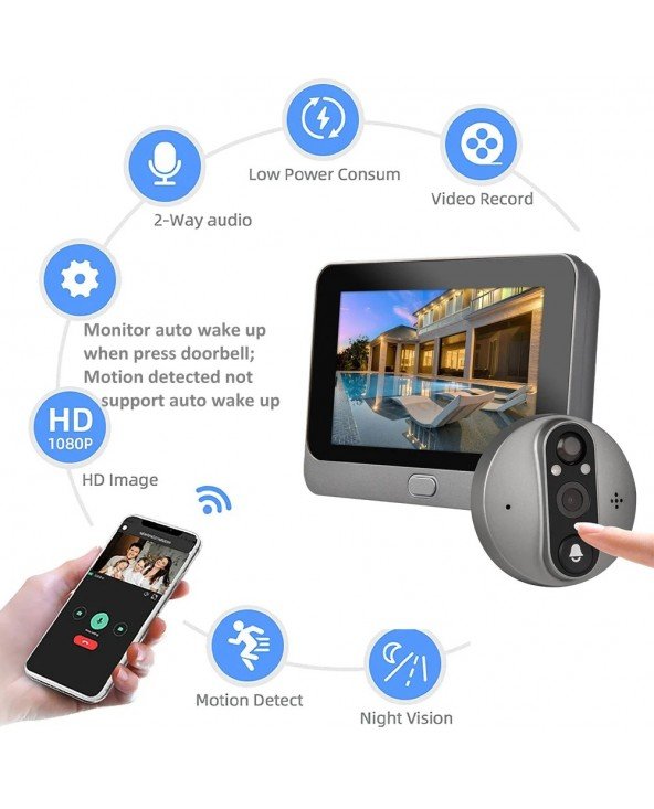"Smart Life Tuya" 1080P "WiFi" durų skambutis Eye Peephole kamera 5000mAh Baterija PIR detektorius IR Alexa "Google Home"