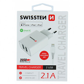 Swissten Smart IC įkroviklis 2x USB 2.1A su Lightning MFI laidu (MD818) 1,2 m baltas