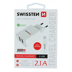 „Swissten Smart IC Charger“ 2x USB 2.1A su „Lightning“ laidu (MD818) 1,2 m baltas