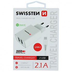 Swissten Smart IC įkroviklis 2x USB 2.1A su USB-C laidu 1,20 m baltas