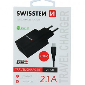 Swissten Smart IC įkroviklis 2x USB 2.1A su USB-C laidu 1,20 m juodas