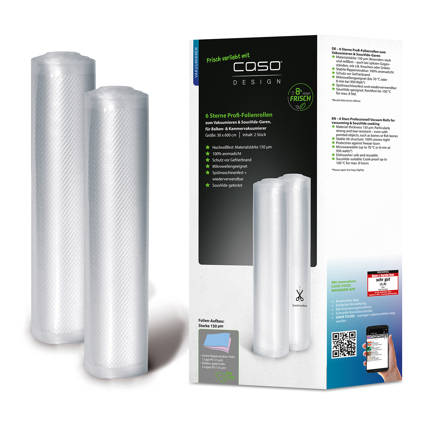 Maišeliai vakuumatoriui Caso Vacuum Rolls 01248 2 vnt, Dimensions (WxL) 30x600 cm, Transparent