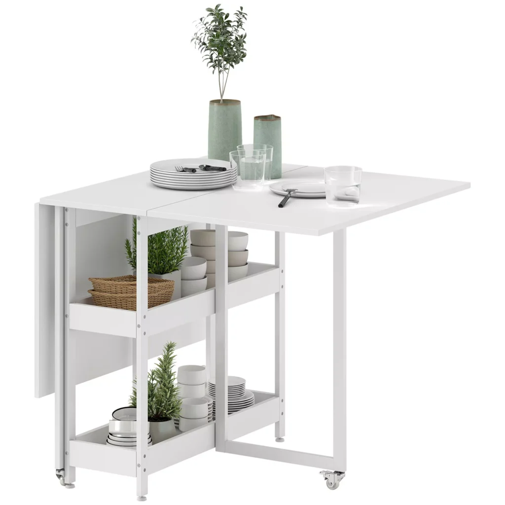 HOMCOM Sulankstomas valgomojo stalas, virtuvinis stalas 2–4 asmenims su 2 atviromis lentynomis, mobilus valgomojo stalas mažoms erdvėms, valgomasis, virtuvė 133,4 x 80 x 75 cm, baltas