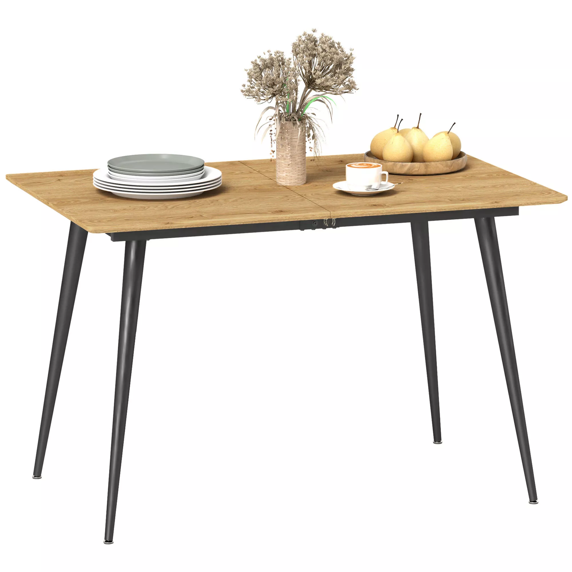 HOMCOM Išskleidžiamas valgomojo stalas 120/160 x 75 cm Virtuvės stalas 6-8 asmenims, modernus valgomojo stalas su plieninėmis kojomis, natūralios spalvos