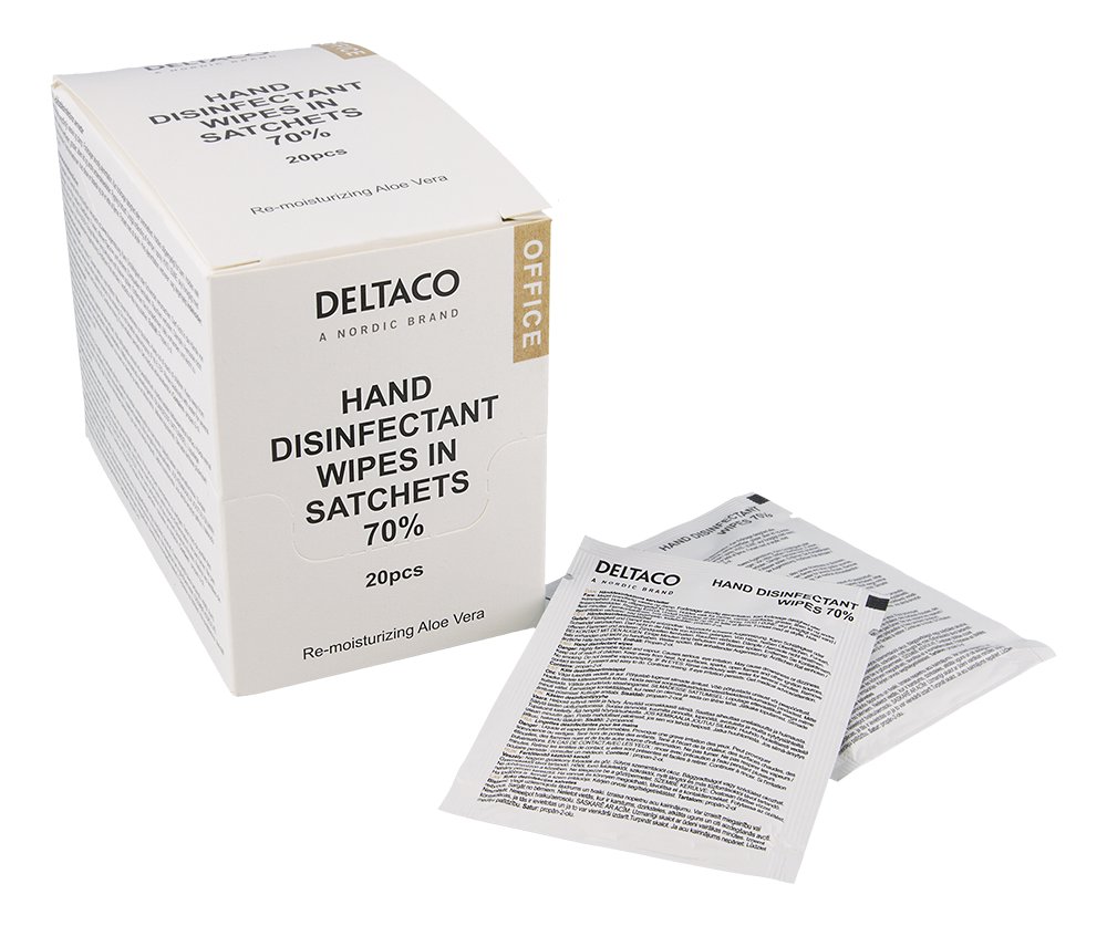 Rankų dezinfekcinės servetėlės paketėliuose DELTACO OFFICE 20 vnt, baltos / CK1039