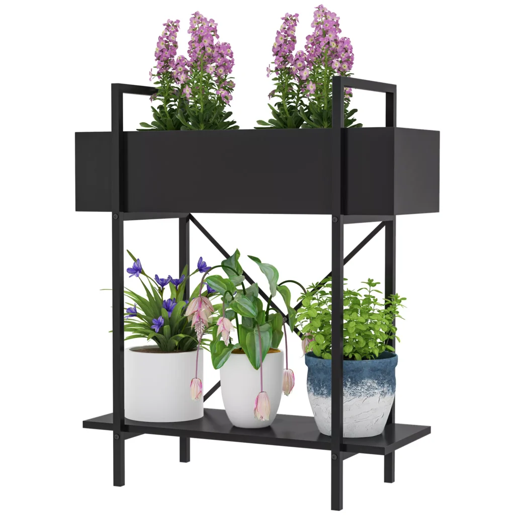 "Outsunny" 2 pakopų gėlių stovas, gėlių stovas vidaus patalpoms lauke, metalinis augalų stovas, daugiapakopis gėlių stovas, 70 cm aukščio gėlių laiptai kambariui, sodo balkono apdailai, juodos spalvos