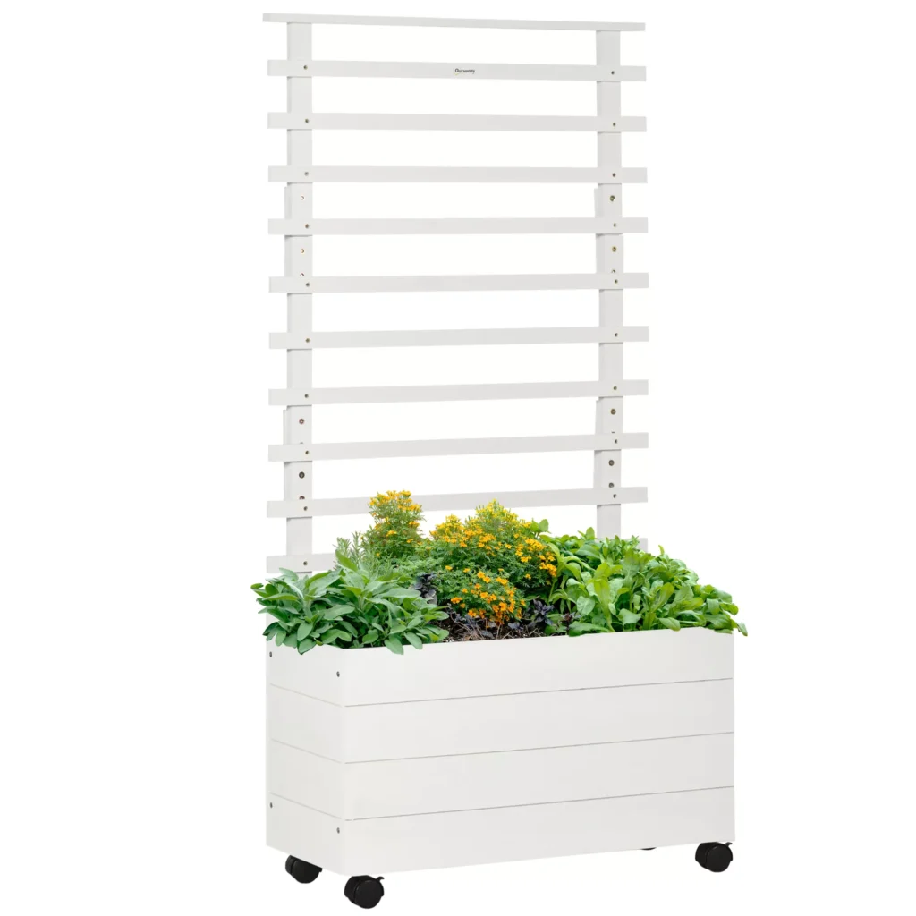 Sodinukų dėžė su grotelėmis, gėlių dėžė su ratukais, pakelta lysvė vijokliniams augalams, sodas, natūrali mediena, balta, 76 x 30 x 155 cm