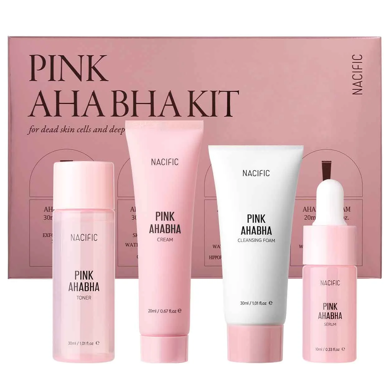 NACIFIC Pink AHA/BHA Kit, veido odos priežiūros produktų rinkinys su rūgštimis