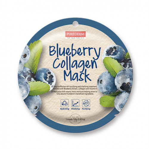 Purederm Blueberry Collagen Mask Veido kaukė su mėlynių ekstraktu, 18g