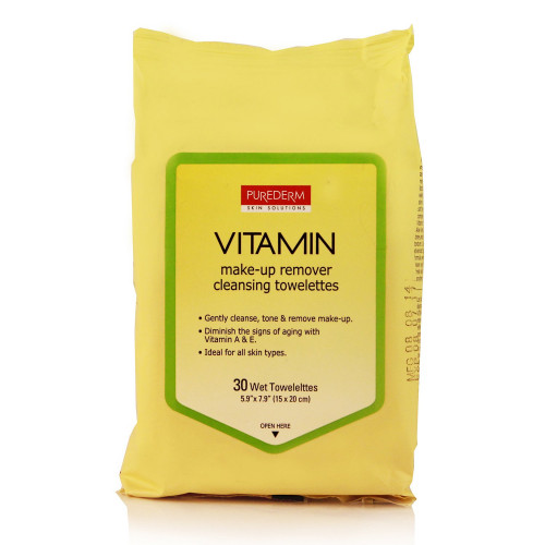 Purederm Vitamin Make-Up Remover Cleansing Towelettes Drėgnos servetėlės makiažui valyti, 30vnt