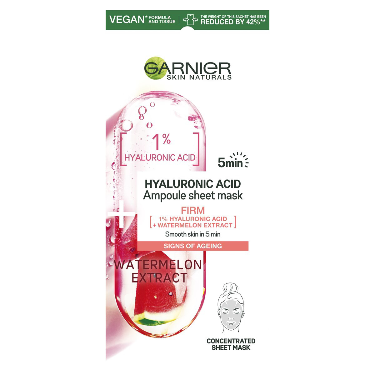 GARNIER HYALURONIC ACID, stangrinanti ampulė-lakštinė kaukė, 15 g