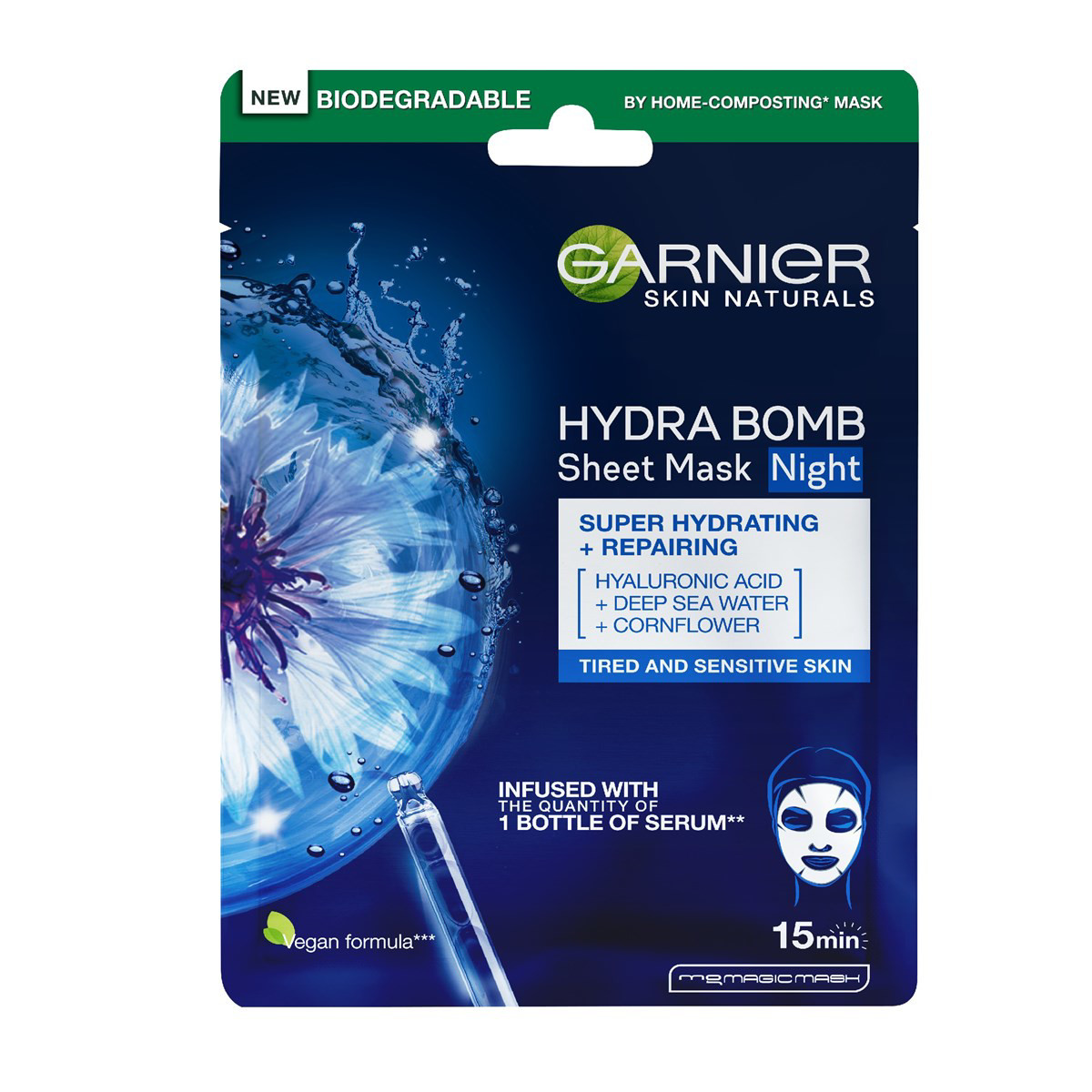 GARNIER HYDRA BOMB, intensyviai drėkinanti ir regeneruojanti naktinė lakštinė kaukė su rugiagėlėmis, 28 g