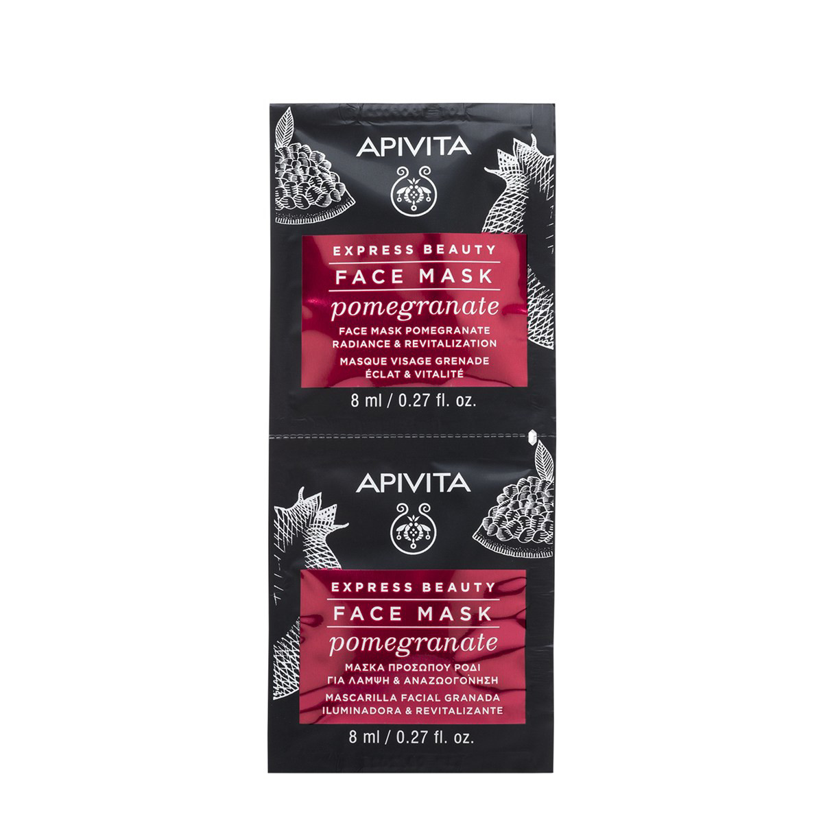 APIVITA EXPRESS BEAUTY, veido kaukė su granatais, gaivinamoji, 8 ml, 2 vnt.