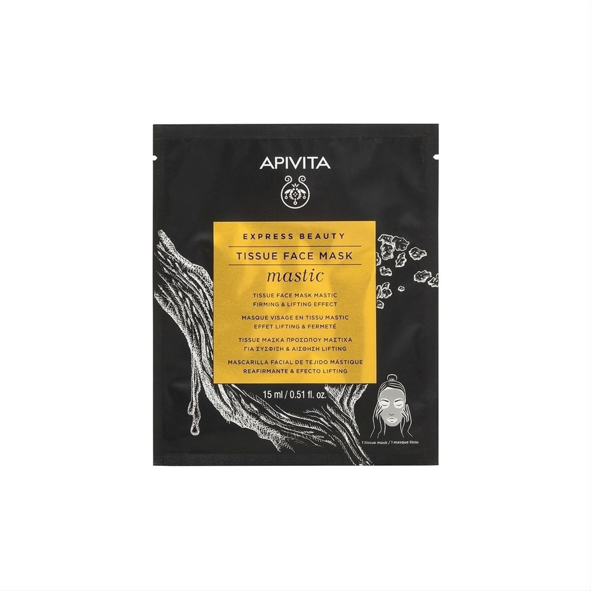 APIVITA EXPRESS BEAUTY TISSUE, veido kaukė su mastikos aliejumi, stangrinanti