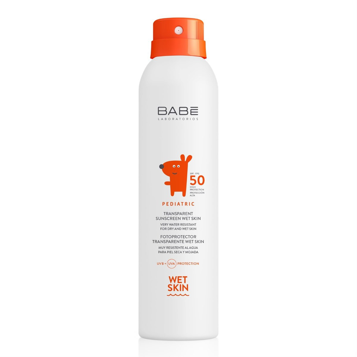 BABĒ PEDIATRIC WET SKIN, SPF 50, skaidri apsauginė dulksna drėgnai vaikų odai, 200ml