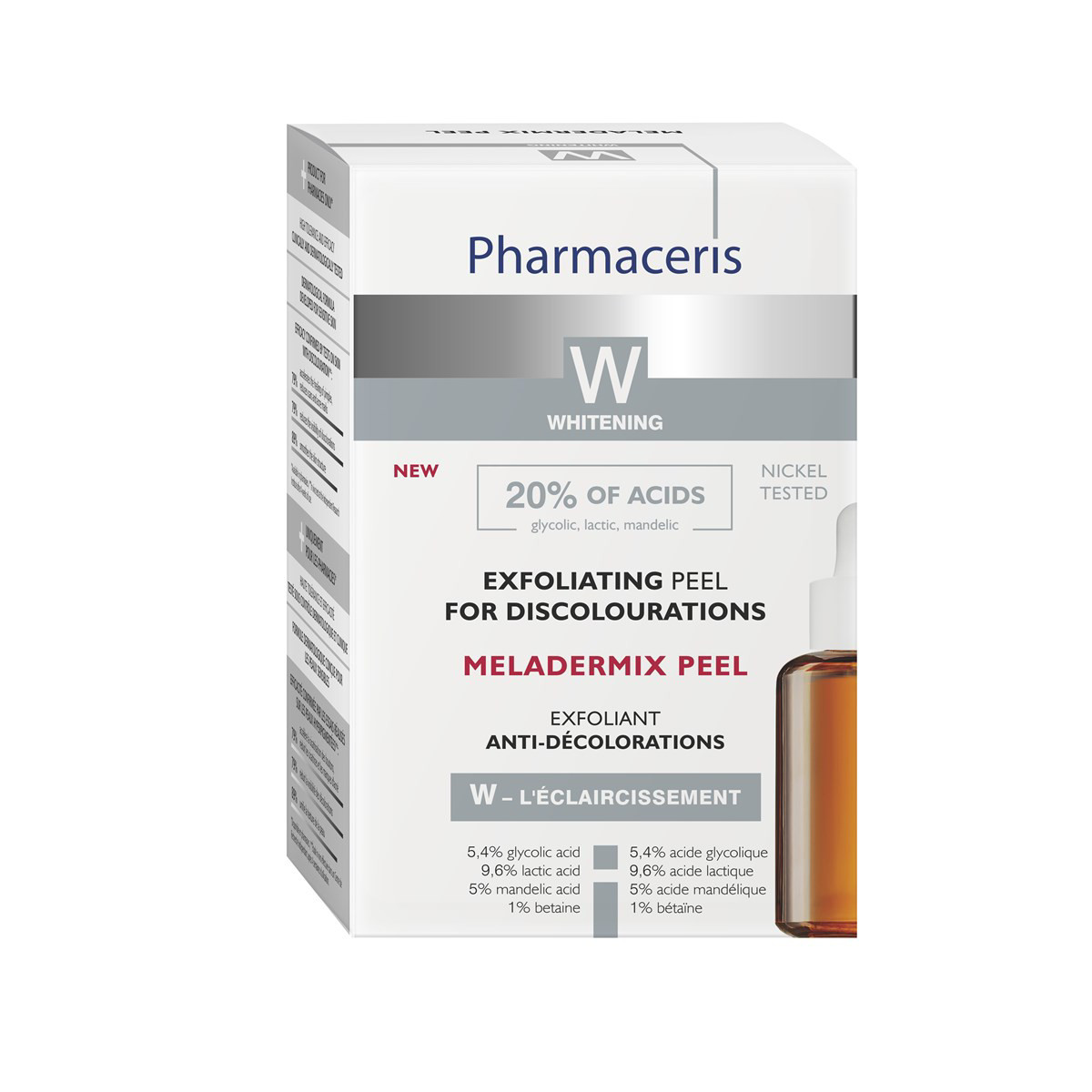 PHARMACERIS W MELADERMIX PEEL, 20% šveitiklis nuo odos spalvos pakitimų, 30 ml