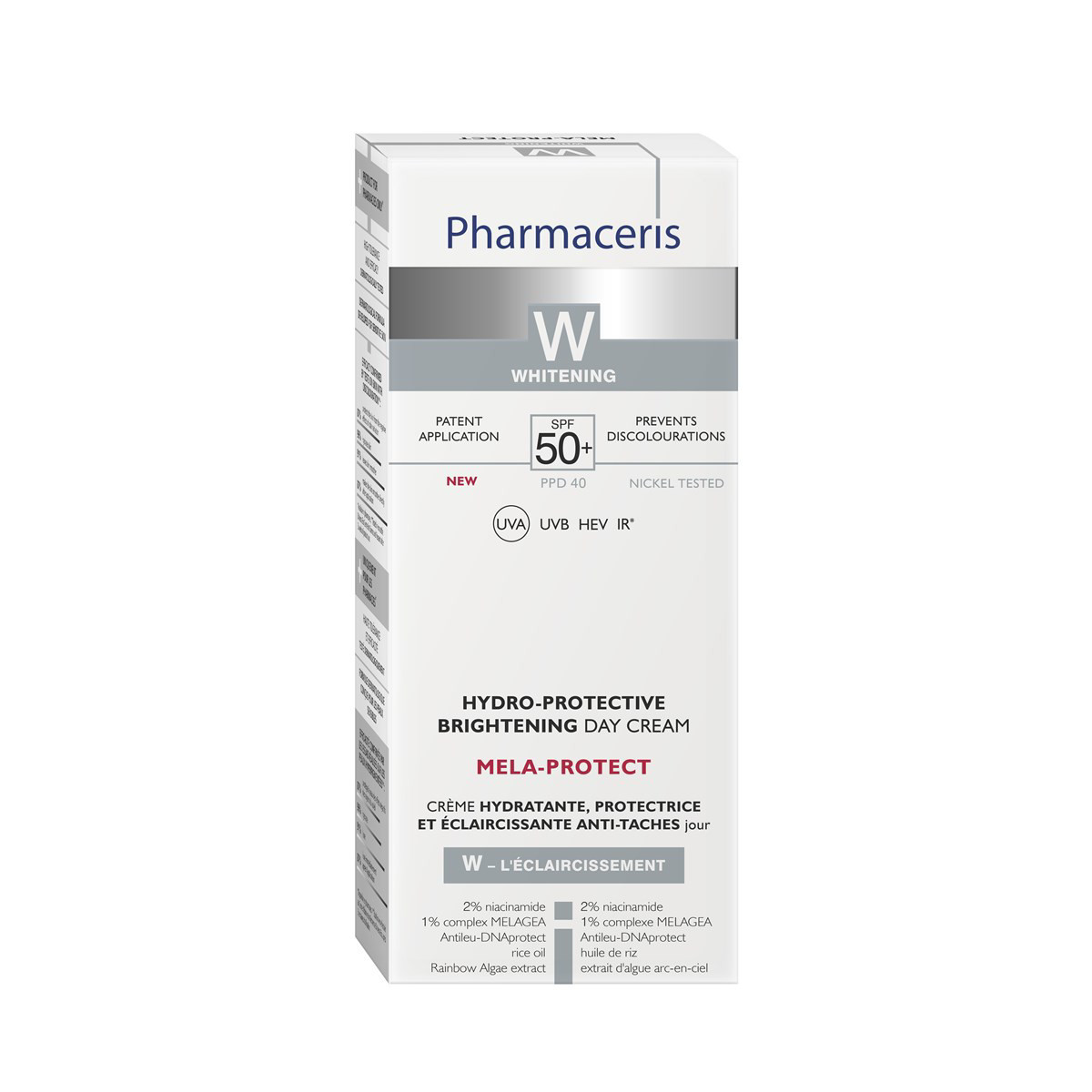 PHARMACERIS W MELA-PROTECT,  skaistinantis ir drėkinantis dieninis veido kremas, SPF50, 30 ml