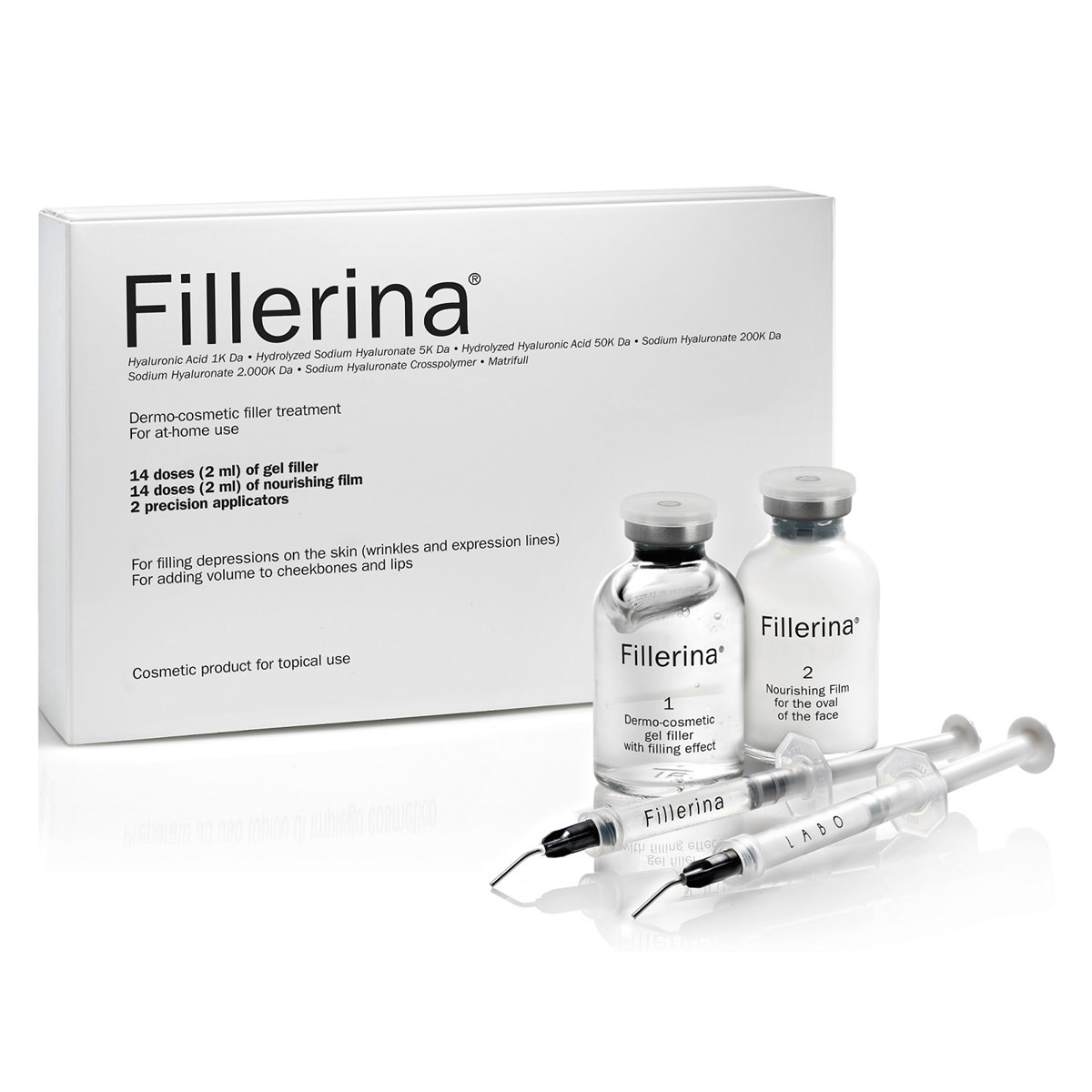 FILLERINA, dermatologinio kosmetinio užpildo su 6 hialurono rūgštimis rinkinys, 2 lygis, 2 x 30 ml