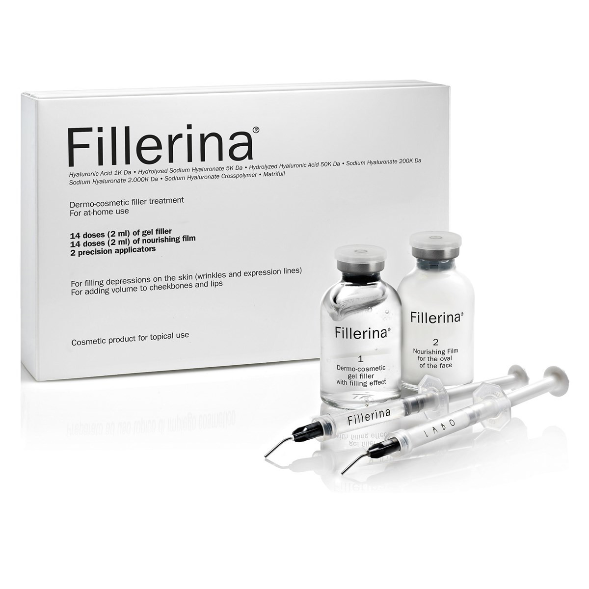 FILLERINA, dermatologinio kosmetinio užpildo su 6 hialurono rūgštimis rinkinys, 3 lygis, 2 x 30 ml