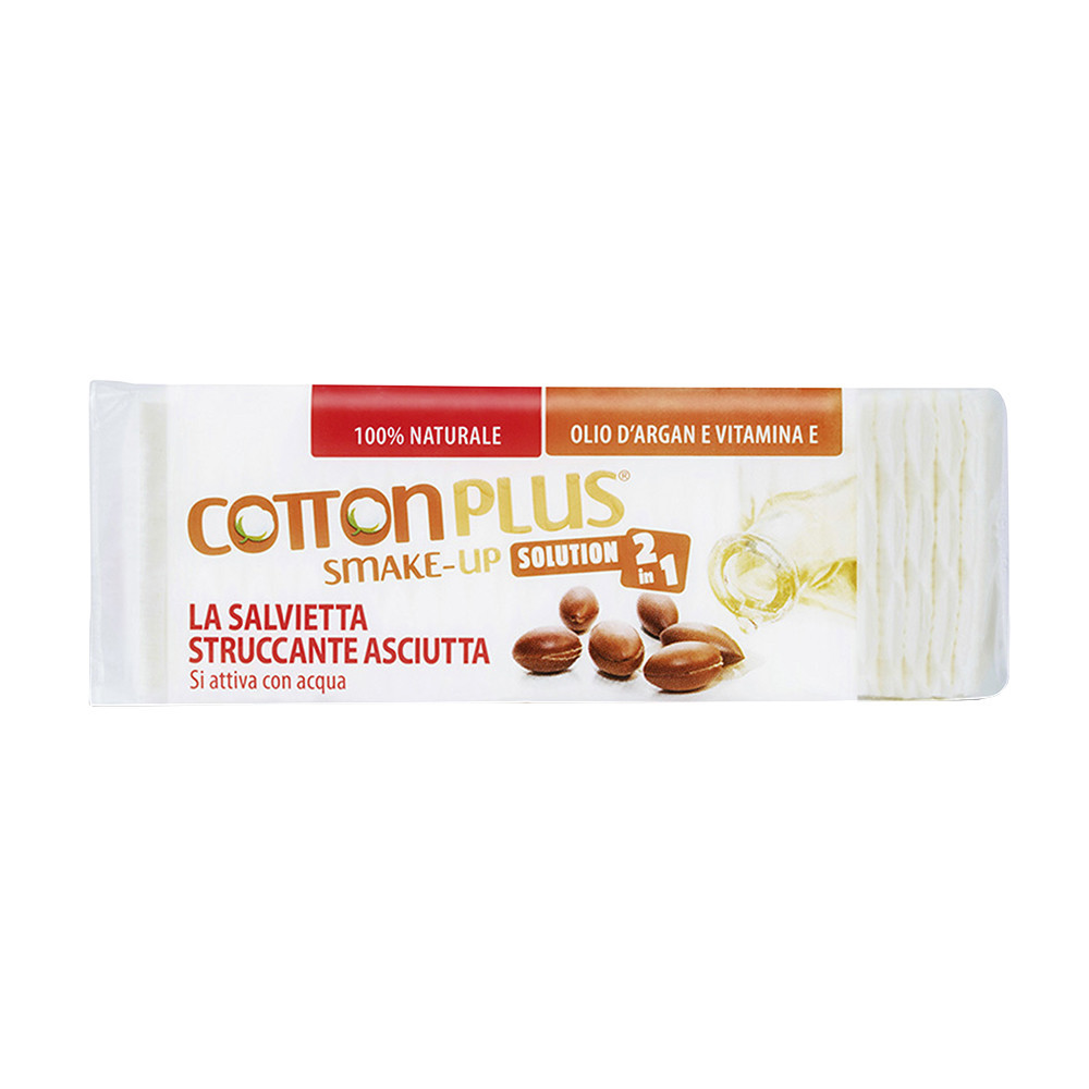COTTON PLUS 2 IN 1 ARGAN MINI, vatos lapeliai makiažui valyti su pieneliu, 60 vnt