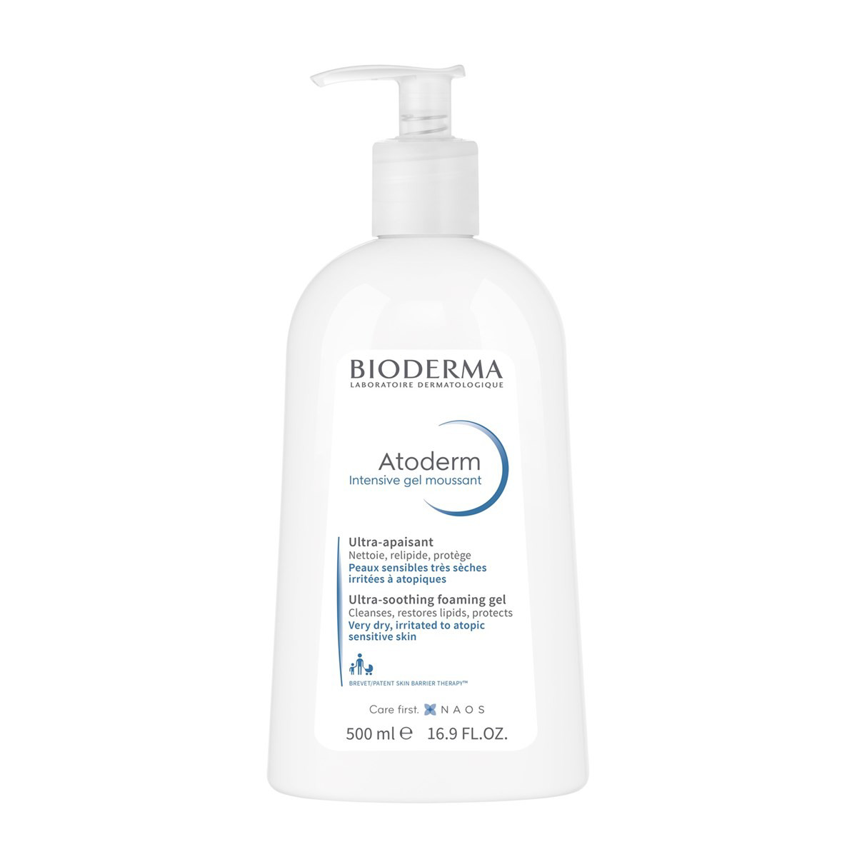 BIODERMA ATODERM INTENSIVE GEL MOUSSANT, švelnus gelinis prausiklis labai sausai ir atopiškai odai, bekvapis, 500 ml