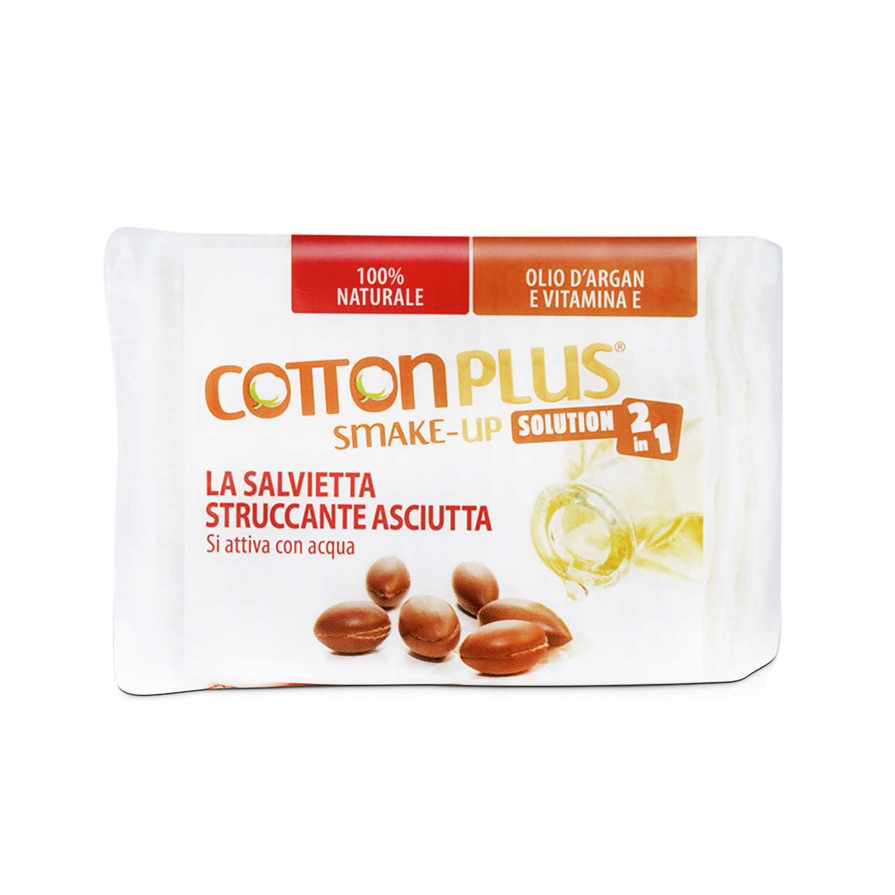 COTTON PLUS 2 IN 1 ARGAN MAXI, vatos lapeliai makiažui valyti su pieneliu, 40 vnt.