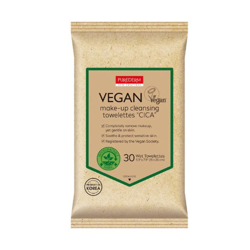 Purederm Veganiškos makiažo valymo servetėlės Purederm Vegan Make-Up Towelettes CICA 30vnt