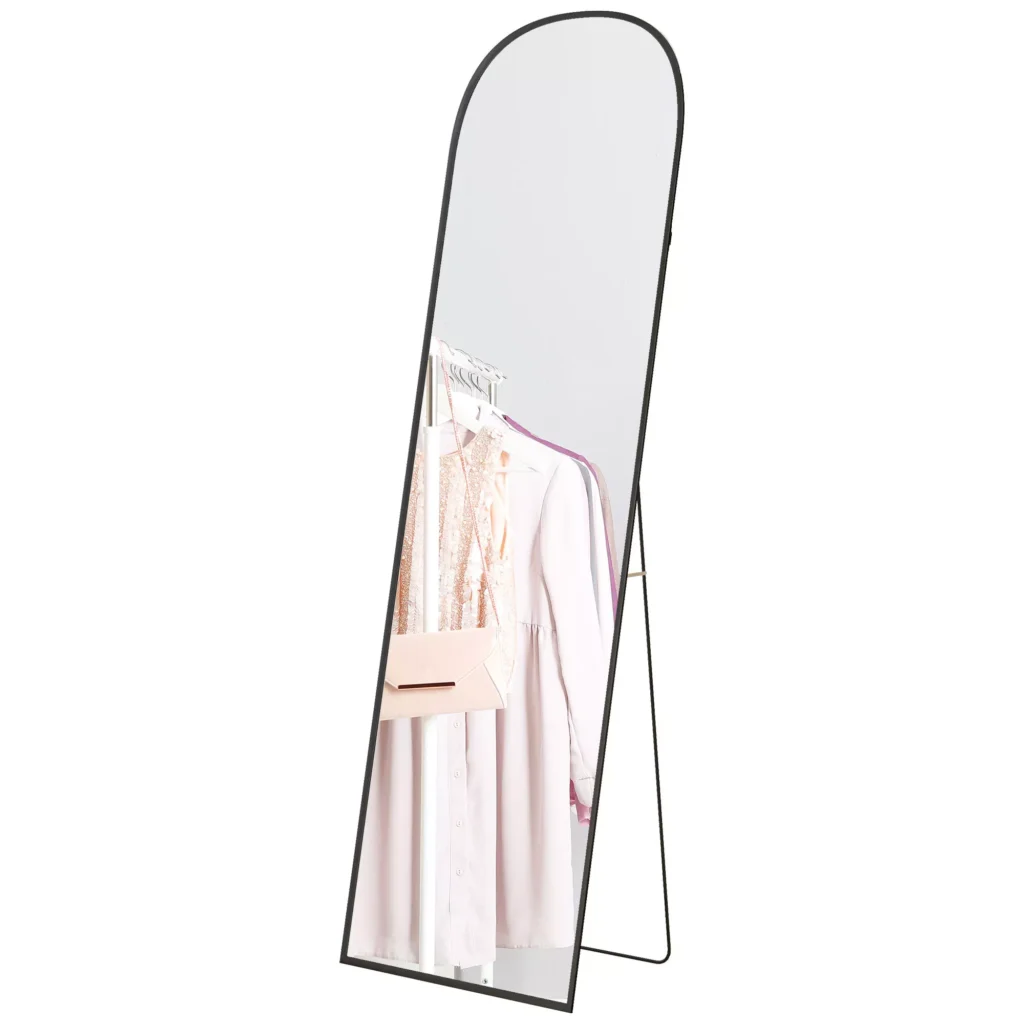 HOMCOM viso veidrodis 169 x 49 cm, lenktas pastatomas veidrodis su nedūžtančiu stiklu ir aliuminio rėmu, prie sienos atremiamas, statomas veidrodis svetainei, miegamajam, prieškambariui, juodas