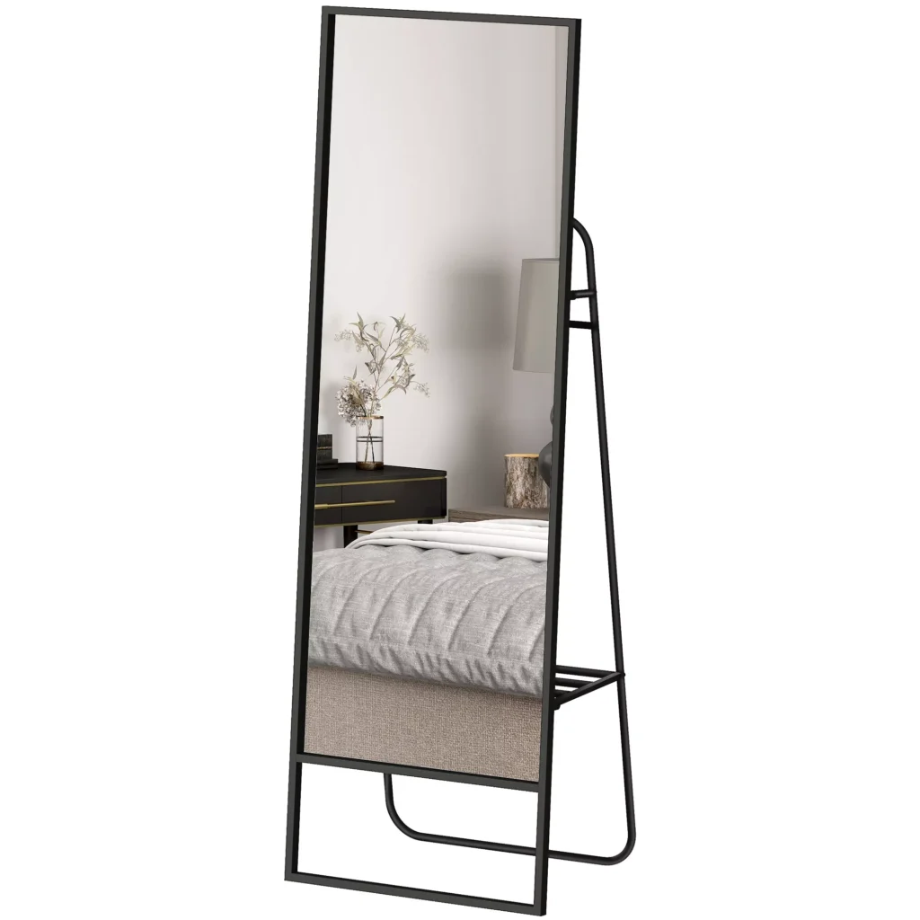 HOMCOM viso kūno veidrodis 157 x 50 cm, stačiakampis pastatomas veidrodis su lentyna, 2 kabliukais ir metaliniu rėmu, didelis veidrodis miegamajam, svetainei, prieškambariui, Juodas