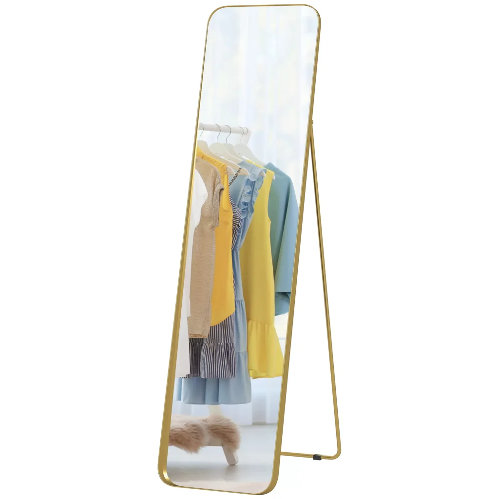 HOMCOM viso ilgio veidrodis 160 x 40 cm, modernus laisvai pastatomas veidrodis su metaliniu rėmu ir nedūžtančiu stiklu, sieninis veidrodis, skirtas statyti, atremti, veidrodis svetainei, miegamajam, prieškambariui, aukso spalvos