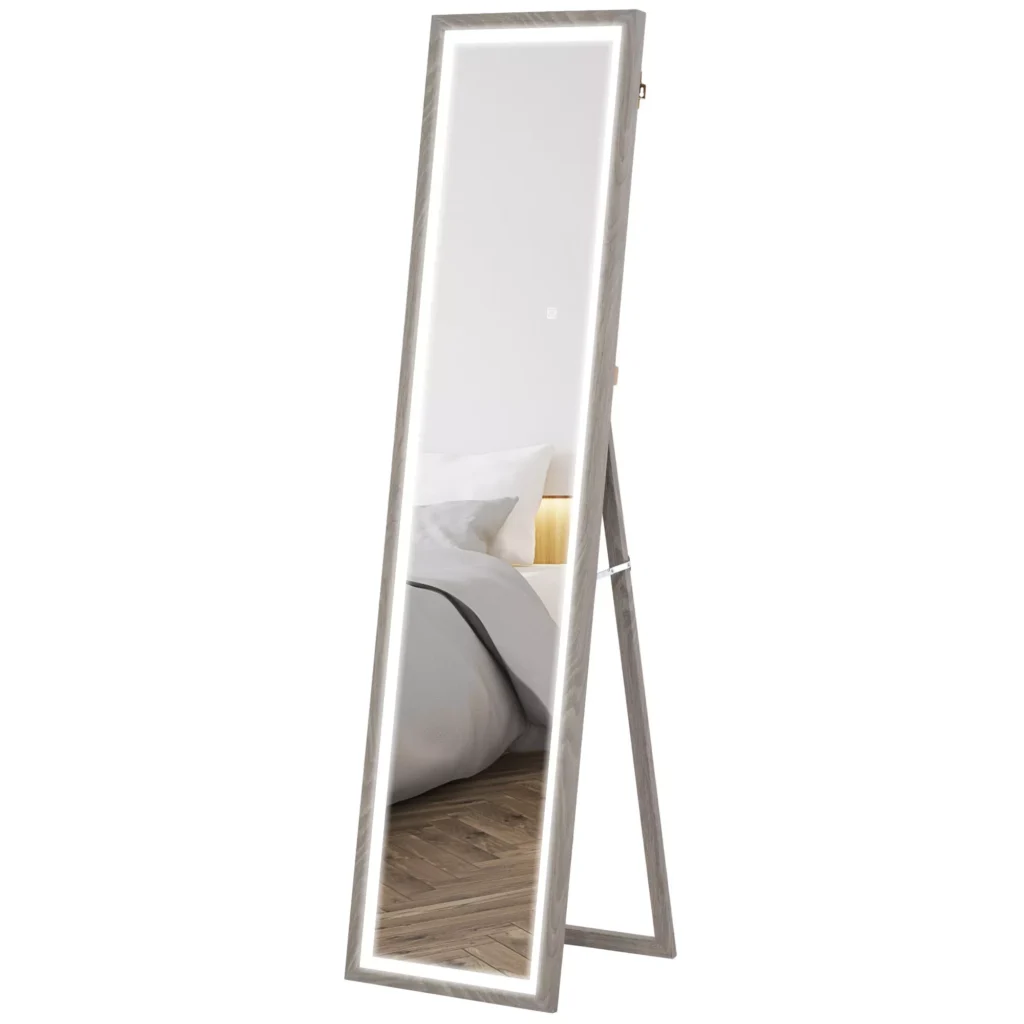 HOMCOM 40 x 160 cm viso veidrodis, pastatomas veidrodis su LED apšvietimu, 3 šviesos spalvos, sieninis veidrodis su jutikliniu valdymu, grindų veidrodis miegamajam, svetainei, pilkas