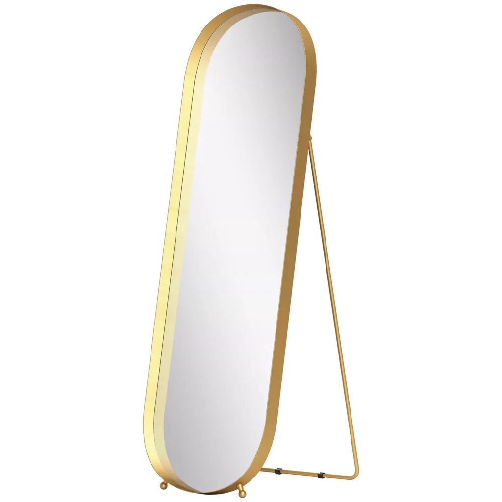 HOMCOM viso veidrodis 160 x 50 cm, išlenktas pastatomas veidrodis su metaliniu rėmu ir nedūžtančiu stiklu, sieninis veidrodis, skirtas statyti, atremti, veidrodis svetainei, miegamajam, prieškambariui, aukso spalvos