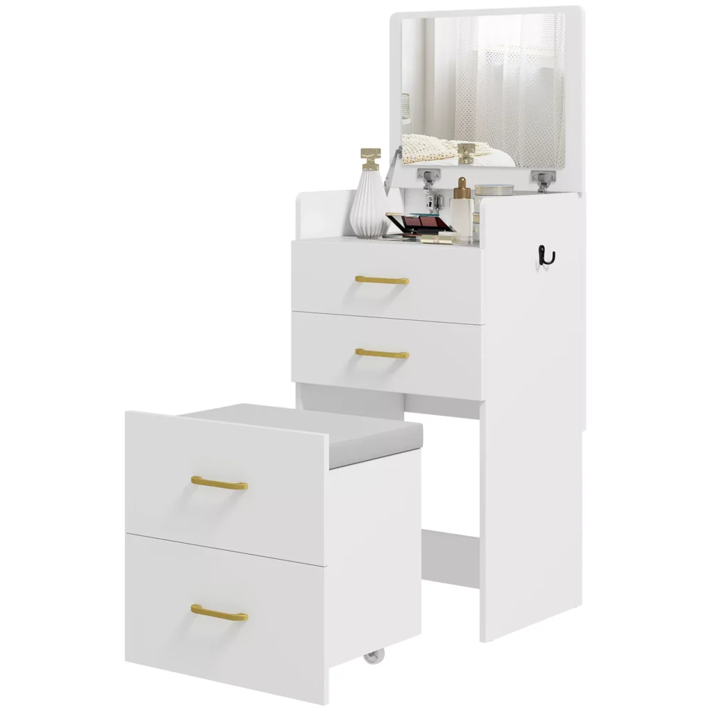 HOMCOM 3-in-1 kosmetinis staliukas su veidrodžiu, naktinė spintelė, ratukinis taburetė, stalčiai, baltas
