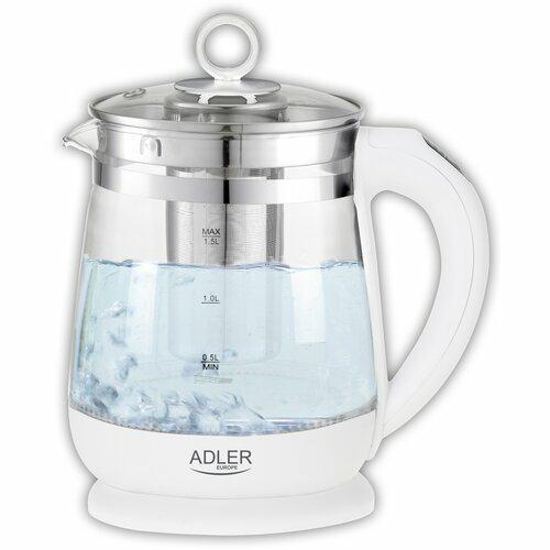 Virdulys Adler Kettle AD 1299 Electric, 2200 W, 1.5 L, Glass/Stainless steel, 360° rotational base, White