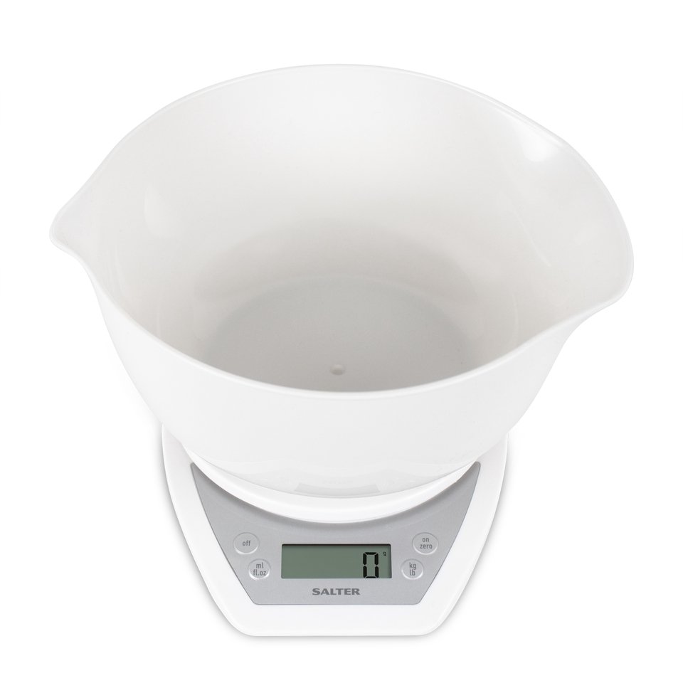 Salter 1024 WHDR14 Digital Kitchen Scales with Dual Pour Mixing Bowl white