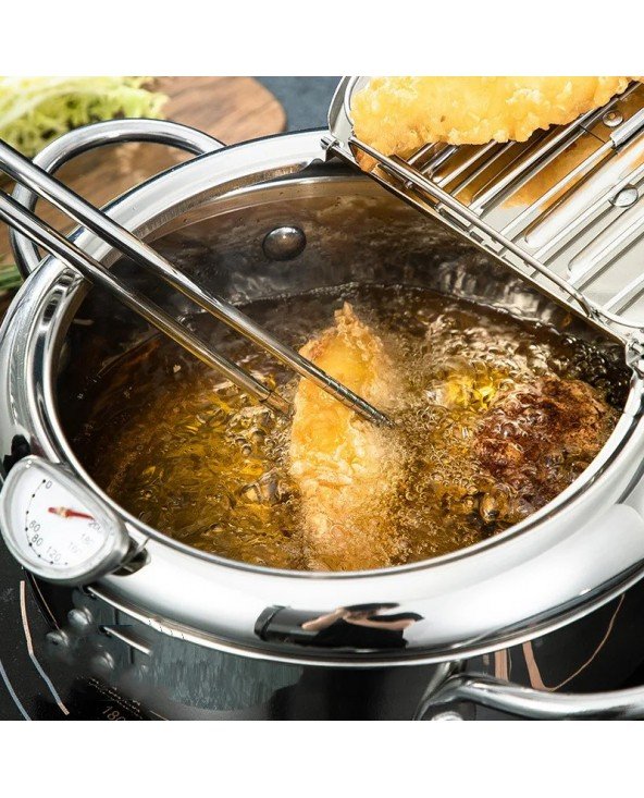 Japoniškas kepimo puodas su termometru ir dangčiu 304 nerūdijančio plieno virtuvės keptuvė "Tempura Fryer Pan" 20 24 cm