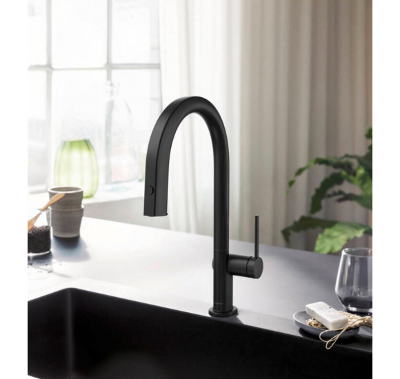 Hansgrohe Aqittura M91 virtuvinis maišytuvas su ištraukiamu dušeliu bei filtravimo sistema, juodos matinės spalvos : Spalva - Juoda matinė