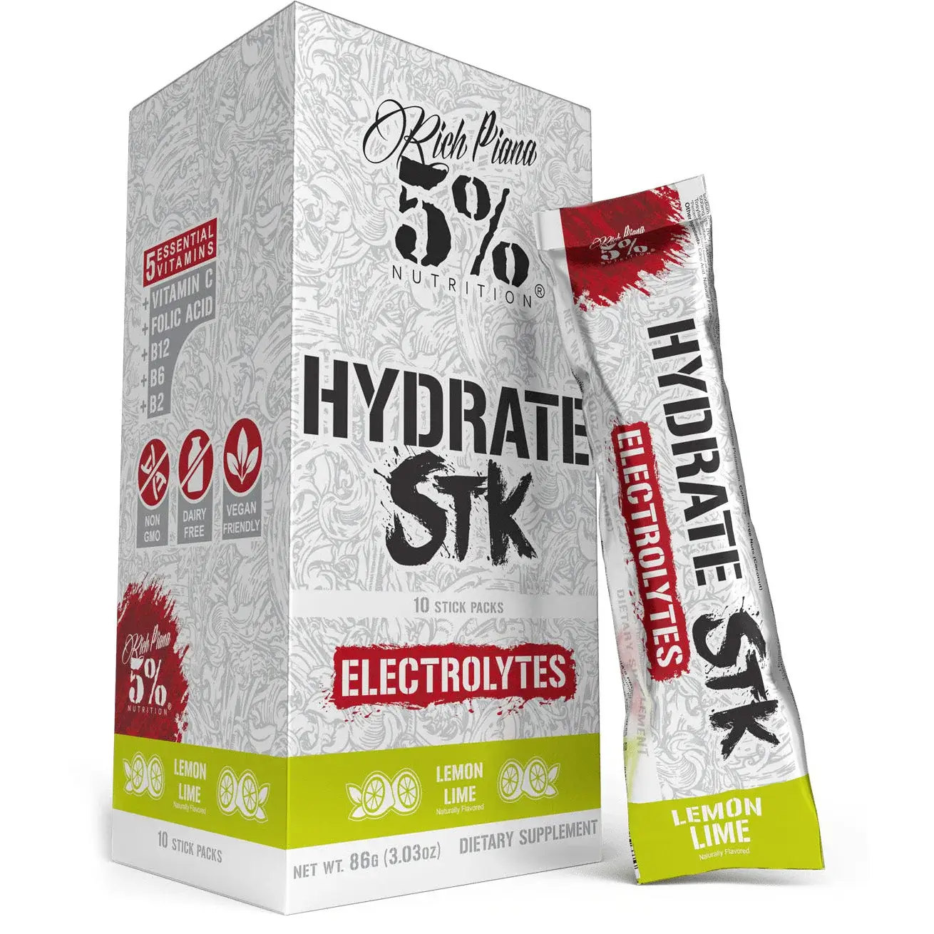 RICH PIANA 5% NUTRITION Hydrate Stick Packs - 10x9g Mėlynių limonadas