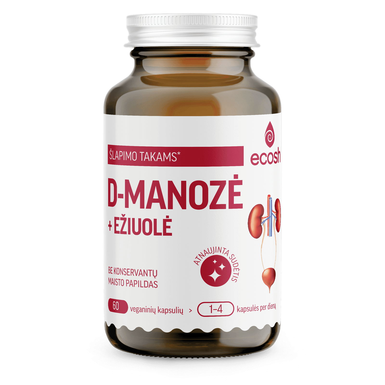 ECOSH D-manozė su ežiuole, 500mg, 60 kapsulių