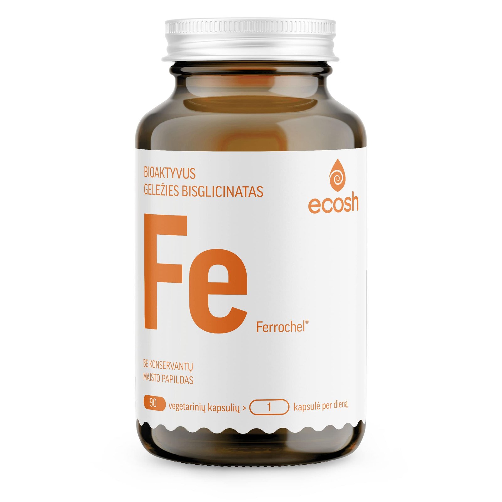 ECOSH bioaktyvi Geležis Ferrochel®, 27mg, su vitaminu C, 90 kapsulių