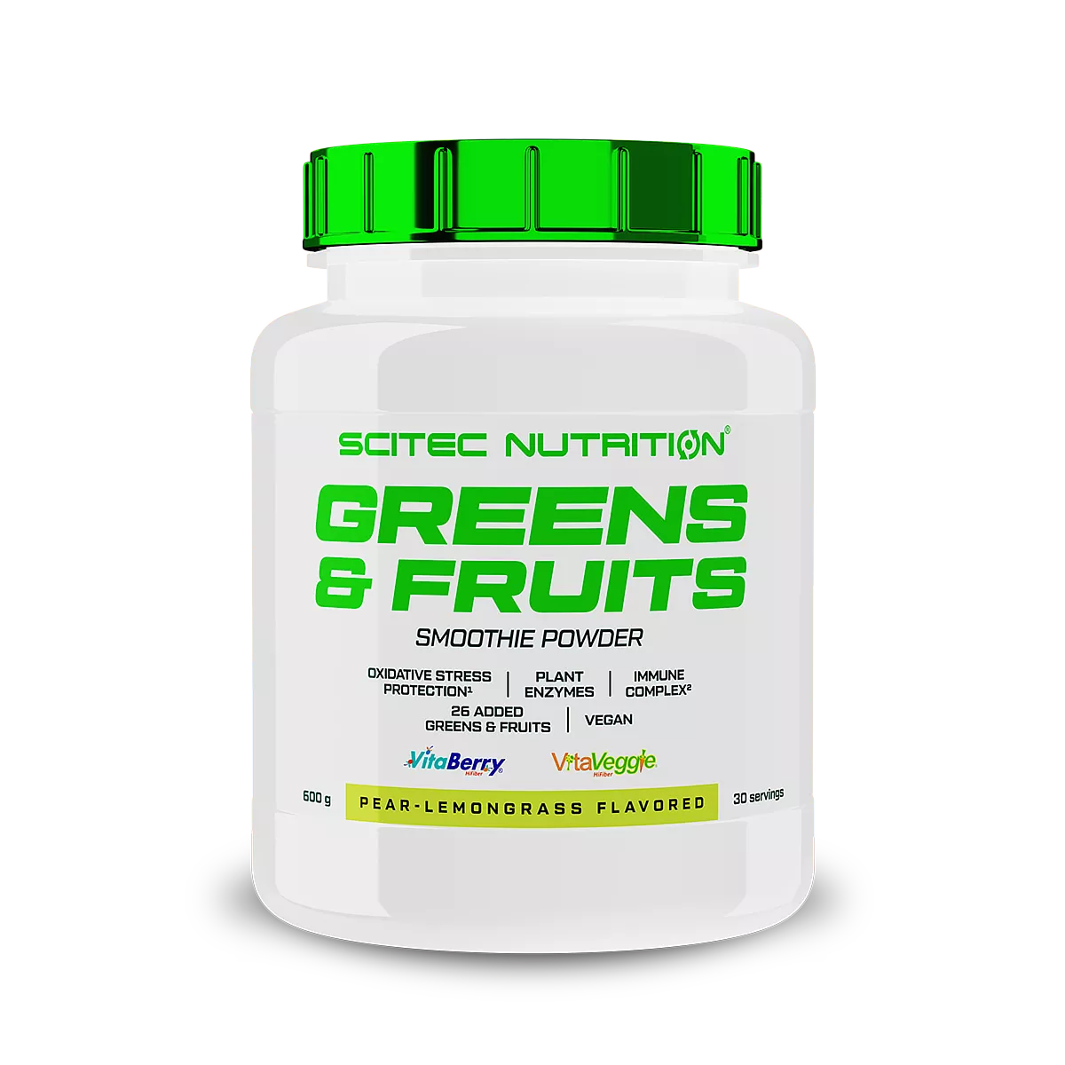 Scitec Greens & Fruits (žalumynų mišinys) 600 g. - Kriaušių-citrinų žolės skonis