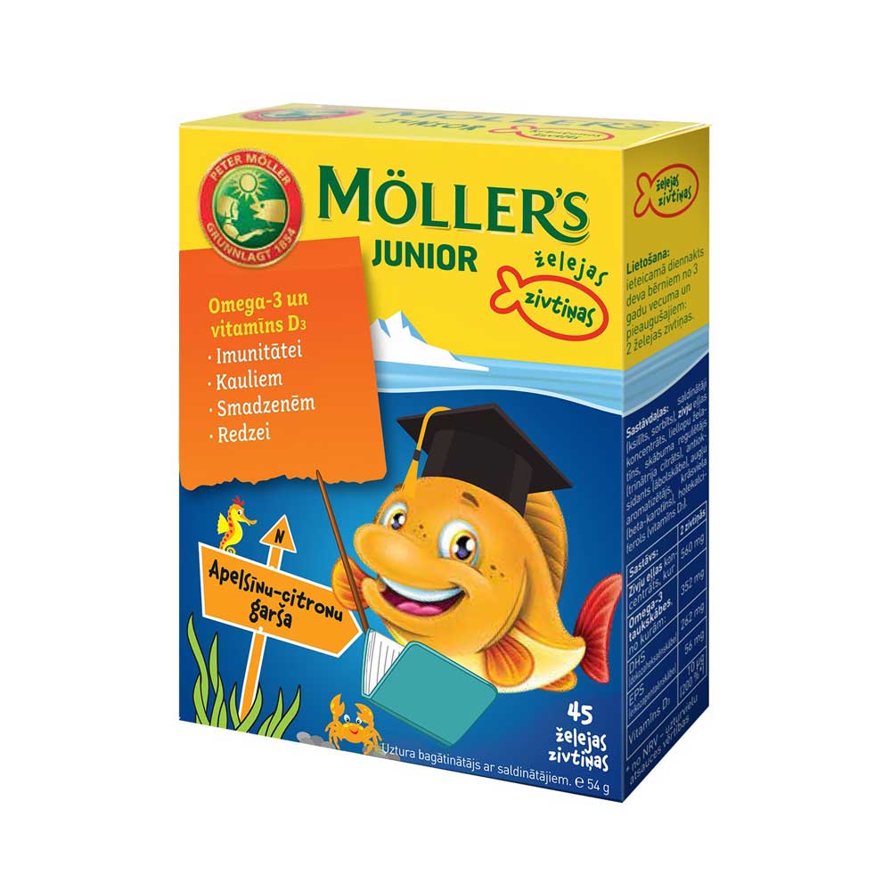 MOLLERS Junior Omega- 3 želė žuvis su apelsinų-citrinų skoniu N45