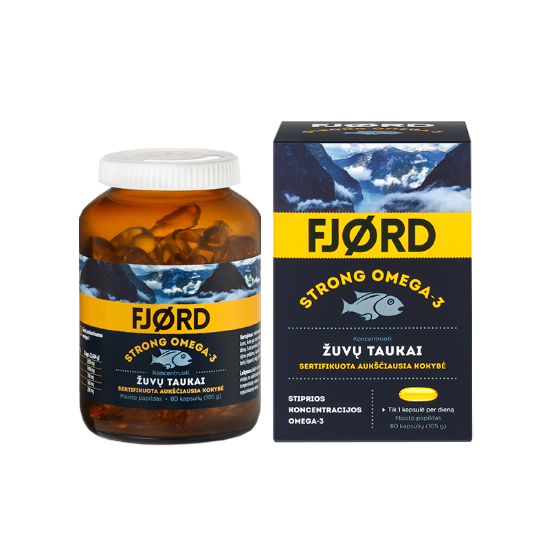 FJORD Strong Omega-3 žuvų taukai 80 kapsulių / AKCIJA 1+1